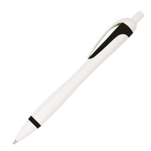 A plastic pen in white and black with a sleek design and a clip, featuring a logo on the barrel.