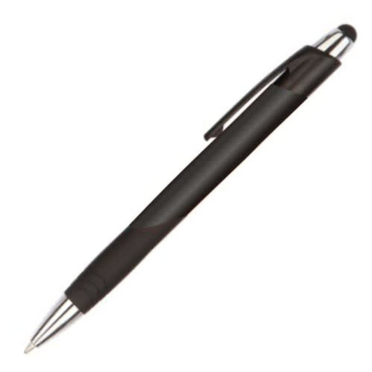 A black stylus pen with a shiny silver tip and clip, featuring a textured grip and logo.