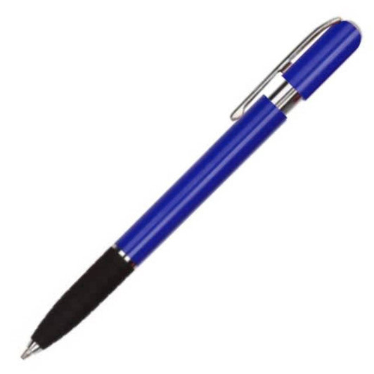 A blue plastic pen with a black grip and a silver clip. The pen features a sleek design and has a logo.