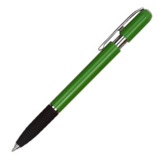 A green plastic pen with a black grip and a silver clip. The pen is designed for writing.