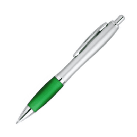A plastic pen with a shiny silver barrel and a green rubber grip. It features a clip for attachment.
