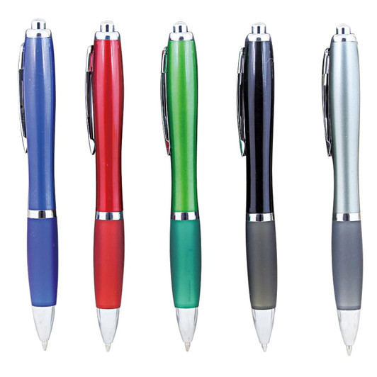 A collection of plastic pens in blue, red, green, black, and silver with a sleek design and a logo on each.