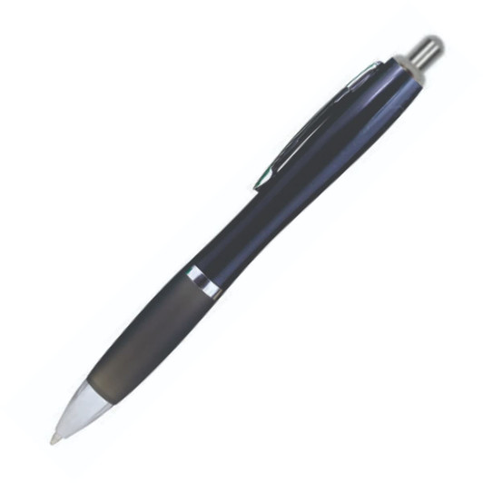 A sleek black plastic pen with a silver accent and a smooth grip, featuring a clip and a shiny tip.