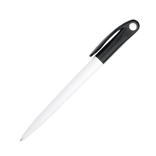 A plastic pen with a white barrel and a black cap, featuring a branding logo on its side.