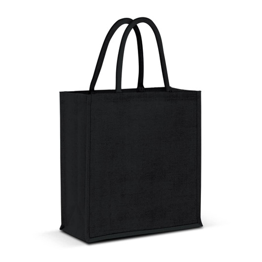 A black jute tote bag with two handles and a spacious interior, featuring a logo on one side.