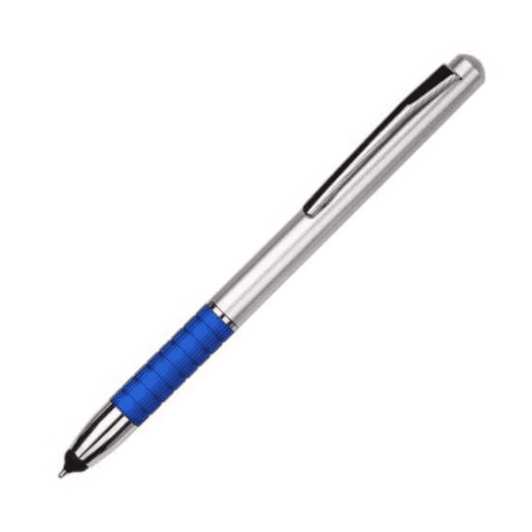 A stylus pen with a silver body and a blue textured grip, featuring a clip and a black tip.