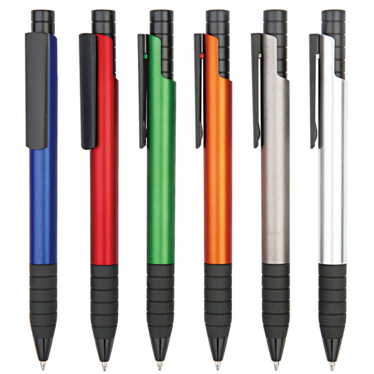 A collection of six plastic pens in blue, red, green, orange, silver, and black, featuring rubber grips and clips.