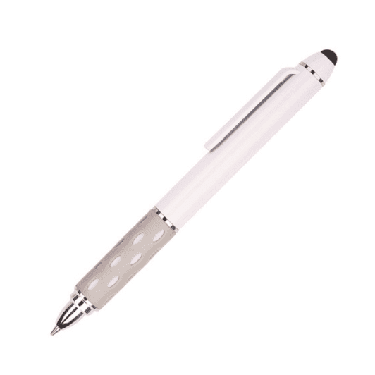 A white telescope pen with a silver metallic grip and a stylus tip for touchscreen devices.