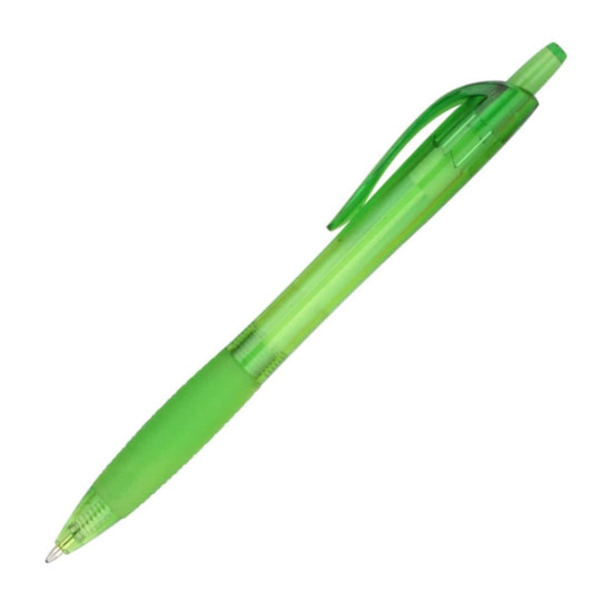 A green plastic pen with a transparent barrel and a clip at the top. It features a logo on its side.