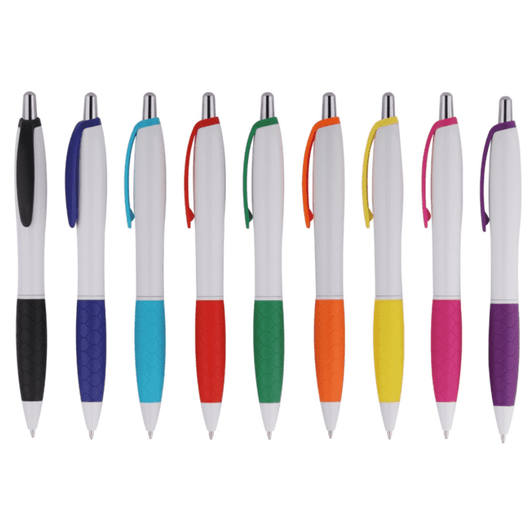 A collection of plastic pens in various colours, featuring a white barrel and colourful grips, with a logo present.