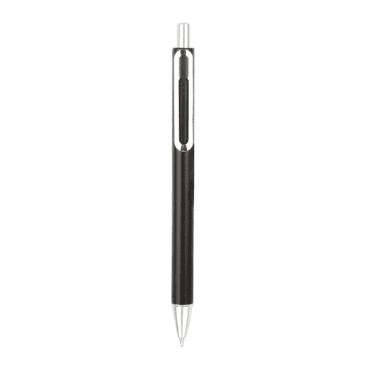 A black plastic pen with a chrome clip and a transparent section, featuring a simple design.