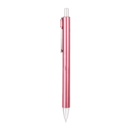 A pink metallic writing pen with a silver clip, featuring a smooth finish and a retractable tip.