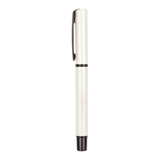 An Avalanche pen in cream with a black trim and a clip, featuring a sleek, minimalist design.
