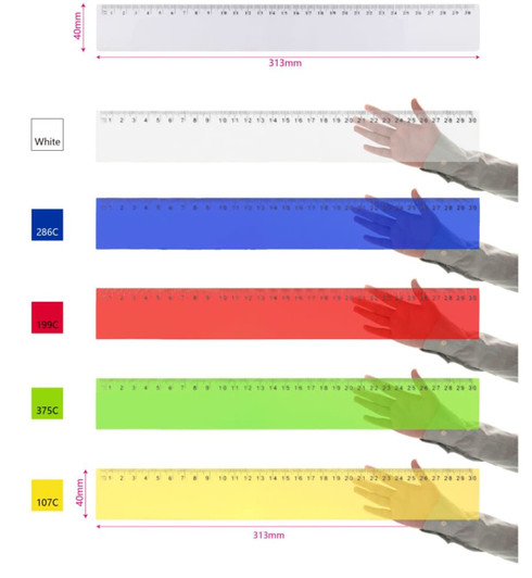 A selection of rulers in white, blue, red, green, and yellow, displayed with hands for scale. Each ruler has measurement markings.