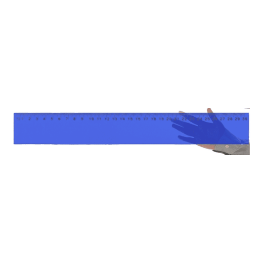 A blue ruler with measurements marked along its length, accompanied by a hand holding it.