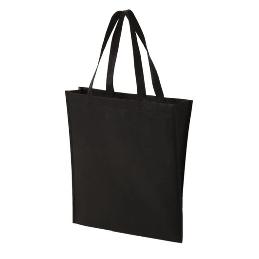 A black non-woven tote bag with two sturdy handles and a branded logo.