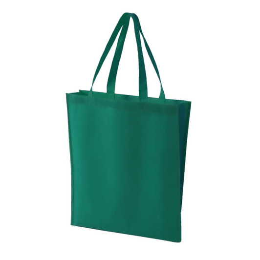 A green non-woven tote bag with two handles and a simple design. It features a logo on one side.