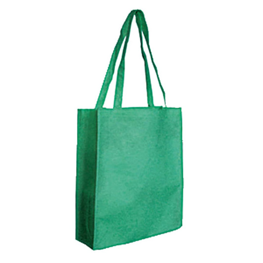 A green tote bag with two handles and a simple design. The bag features a logo on one side.