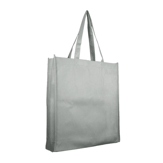 A grey tote bag with long handles and a simple design, featuring a logo on one side.