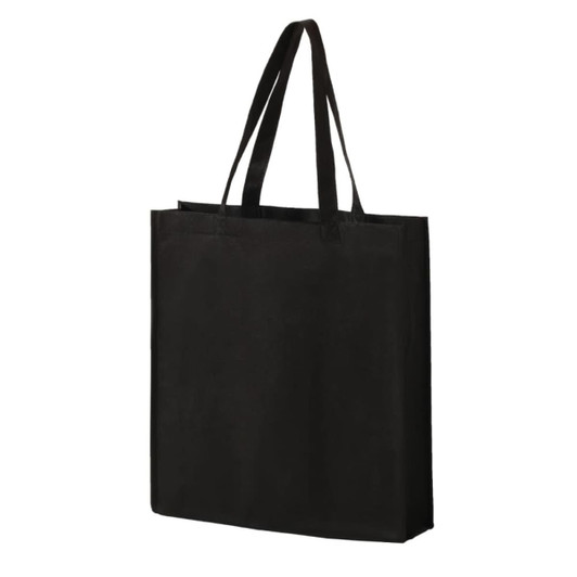 A black non-woven tote bag with two sturdy handles, featuring a logo on one side.