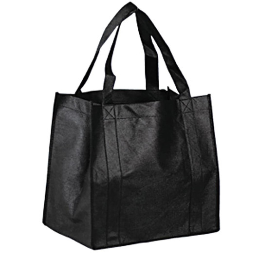 A black reusable shopping bag with sturdy handles and a spacious interior. Features a simple design without branding.