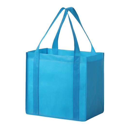 A blue non-woven tote bag with two sturdy handles and a structured design. It features a logo on one side.