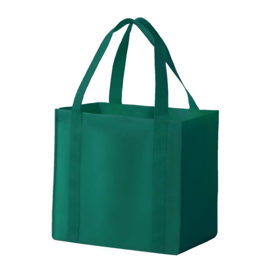A green non-woven tote bag with sturdy handles and a simple, unbranded design.