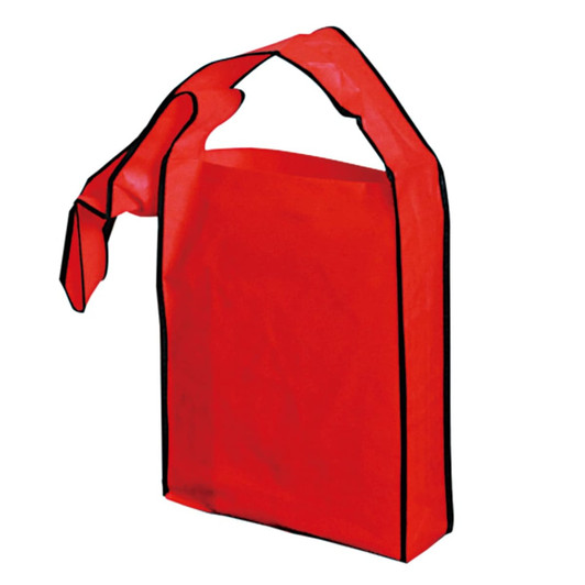 A red tote bag with a black trim and a handle, designed for carrying items.