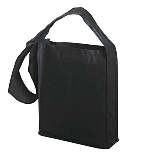 A black tote bag with a long shoulder strap, featuring a simple and sleek design.