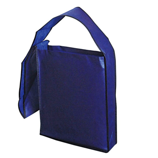 A blue tote bag with a shoulder strap and a flat, rectangular shape. It has an open top and appears to be made of fabric.