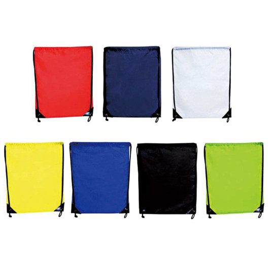A range of fabric bags in red, navy, white, yellow, blue, and black, with drawstring closures and contrasting edges.