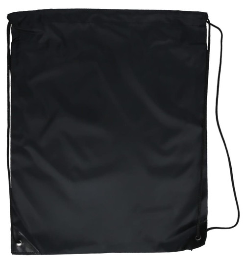 A black drawstring bag featuring a simple design with a sturdy cord closure.