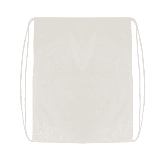A drawstring bag in a light beige colour with two cord straps on either side.