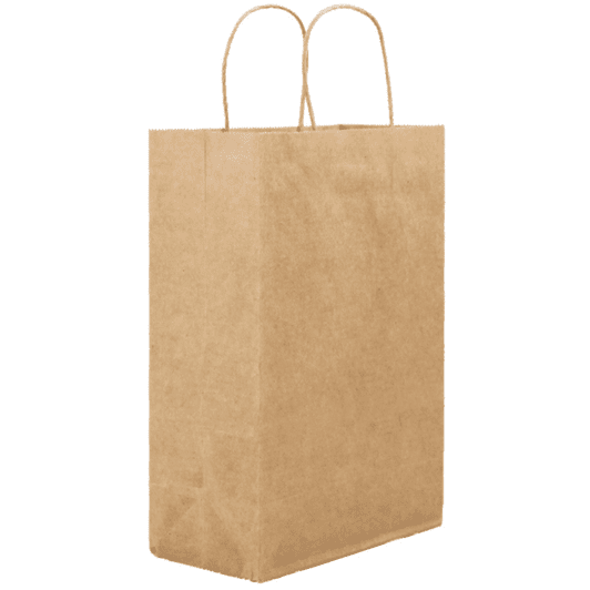 A plain brown paper bag with two handles, made from kraft paper.