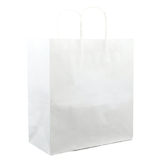 A white paper bag with two handles, featuring a plain and smooth surface.