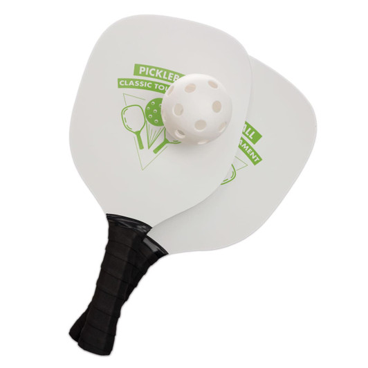 A pickleball set featuring two paddles with a white and green design and a perforated ball.