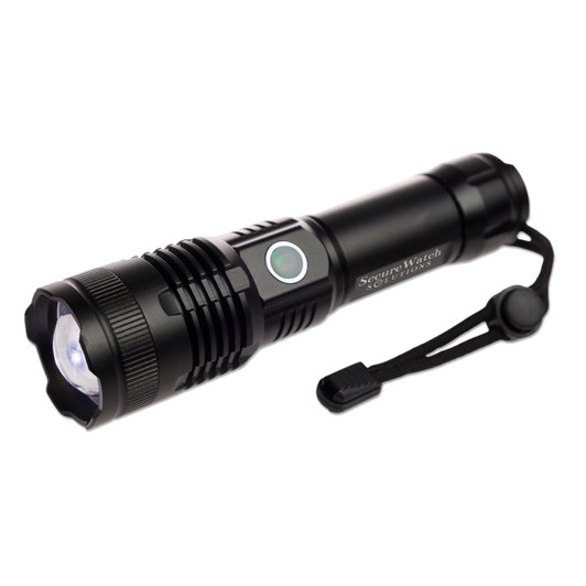 A black rechargeable torch featuring a round head, a side button, and a wrist strap for convenience.
