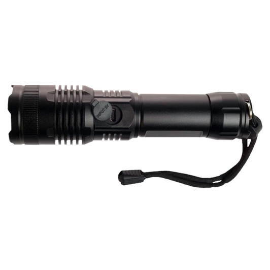 A rechargeable torch with a sleek black design and a textured grip, featuring a power button and a wrist strap.