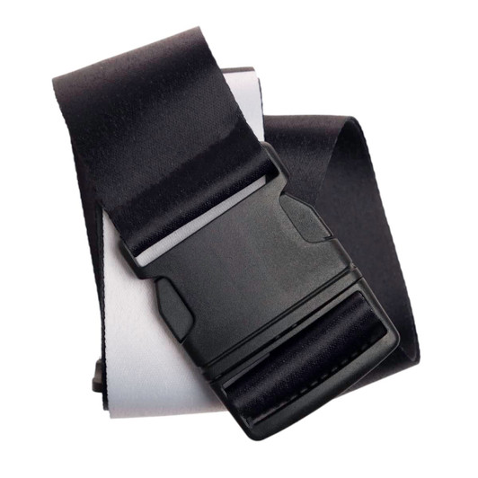 A black luggage strap with a secure adjustable buckle.