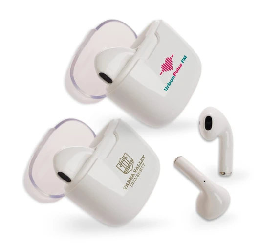 White Twista Earbuds with a case, featuring two logos and a sleek design.