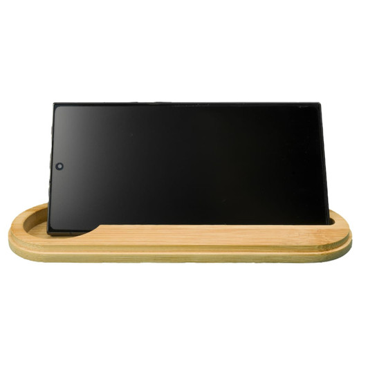 A sleek bamboo stand holds a tablet in an upright position, showcasing the minimalist design.