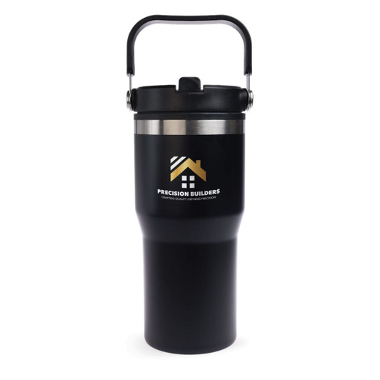 A drink bottle featuring a black exterior and stainless steel accents, with a handle and a logo.