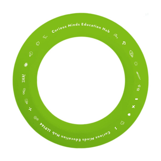 A green silicone flyer featuring various icons, with a simple round design and a logo.