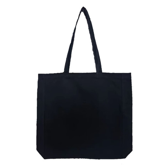 A tote bag in solid black with two shoulder handles and a simple design.