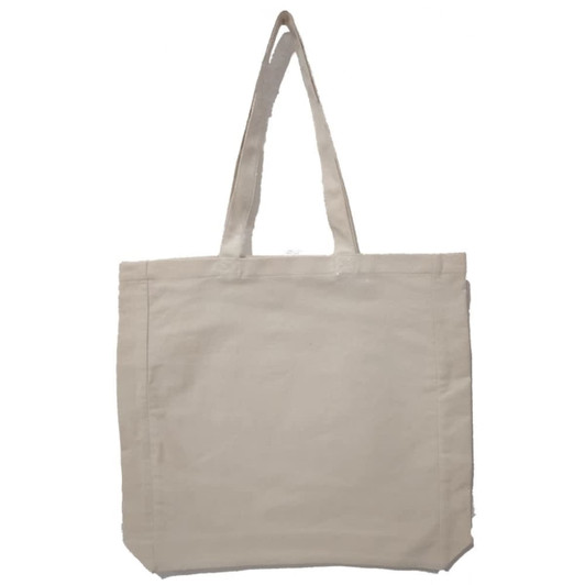 A tote bag in a light beige colour with two sturdy handles and a spacious design. It features a plain surface.