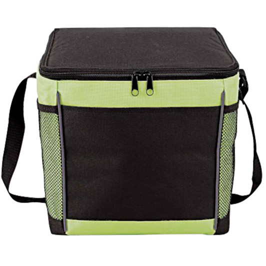 A black and lime green cooler bag with a zip closure and shoulder strap, featuring mesh side pockets.
