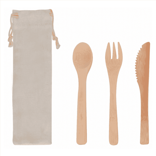 A bamboo cutlery set featuring a spoon, fork, and knife, packaged in a grey fabric pouch.