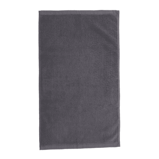 A grey gym towel with a soft texture, featuring an edge finish and a small logo.