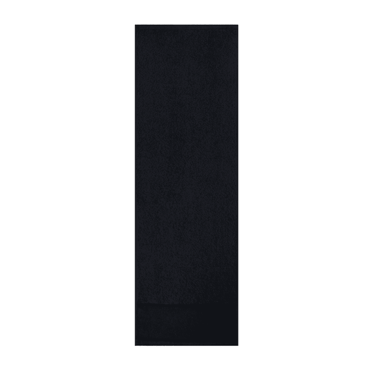 A black gym towel featuring a logo, designed for leisure and outdoor activities.