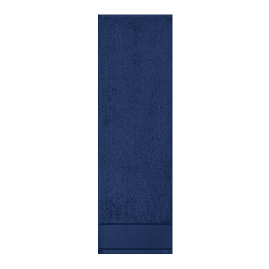 A navy blue gym towel with a textured surface and a border at one end, featuring a logo.